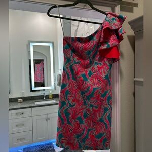 One-Shoulder Dress with Pink and Teal Pattern Lily Pulitzer